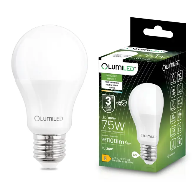 LED izzó A60 10W 75W E27 1055LM 4000K