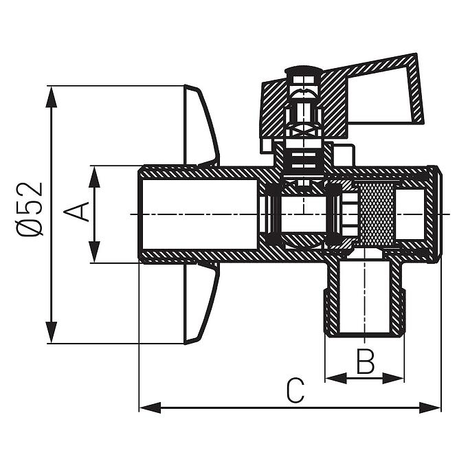 Z1234KF Sarok golyóscsap 1/2” x 3/4” szűrővel és rozettával
