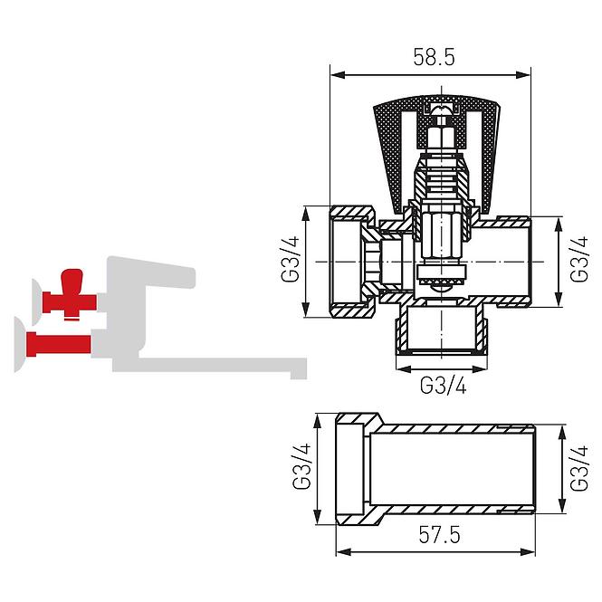 Meghosszabított sarok csaptelep a töltéshez  3/4”,2