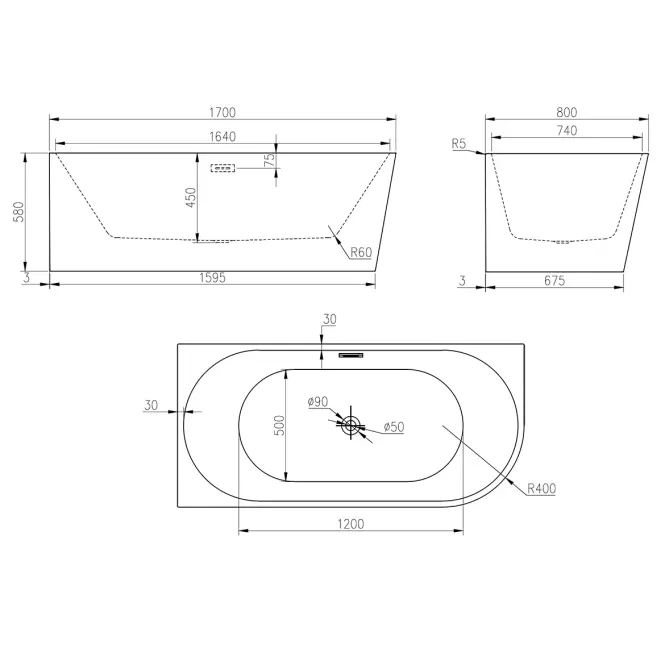Szabadon álló kád Nox 170x80x58 balos,2