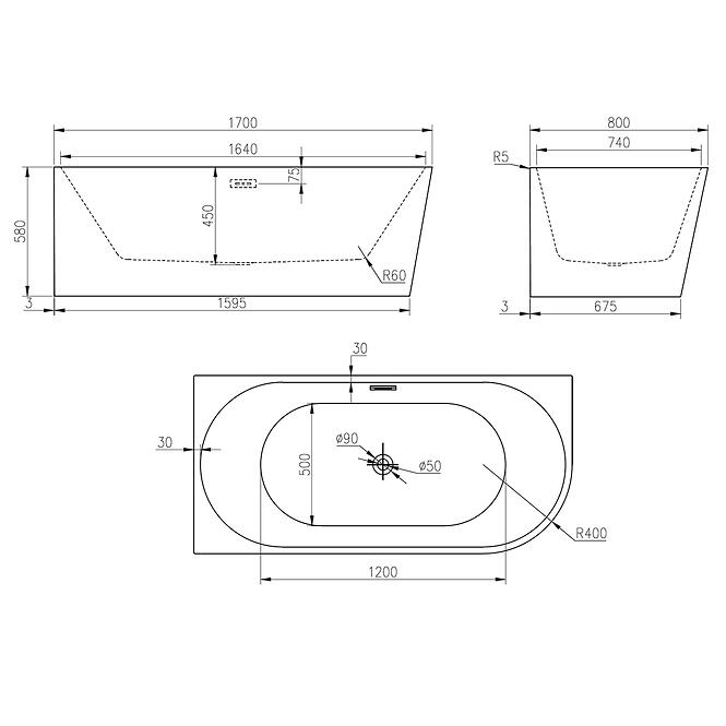 Szabadon álló kád Nox 170x80x58 balos,2