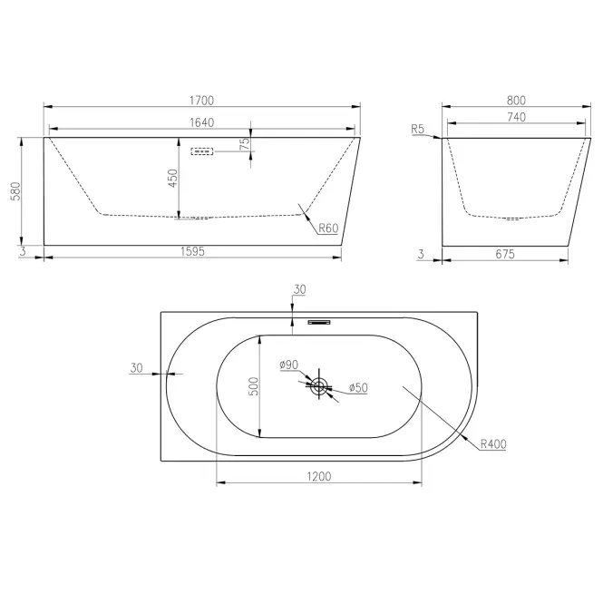 Szabadon álló kád Nox Black 170x80x58 balos
