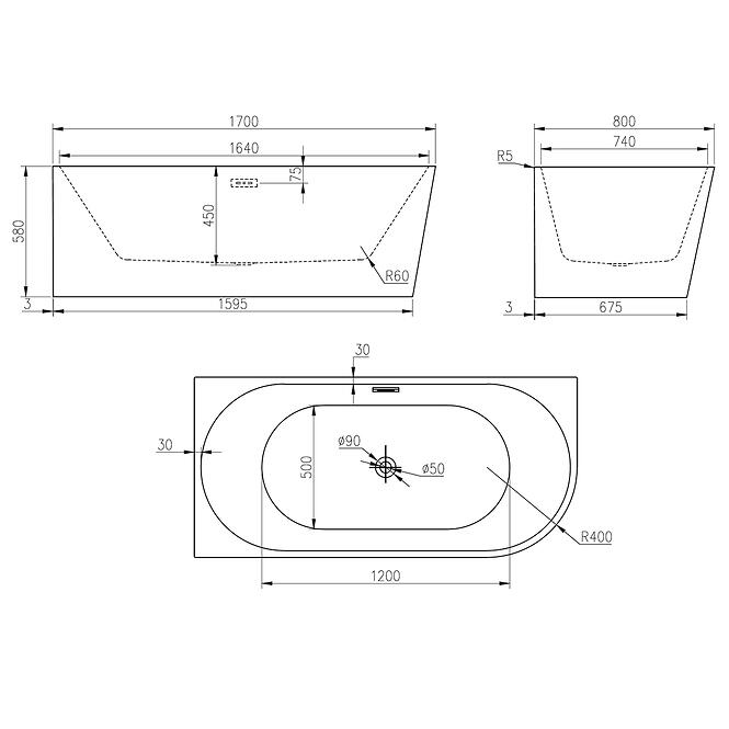 Szabadon álló kád Nox Black 170x80x58 balos
