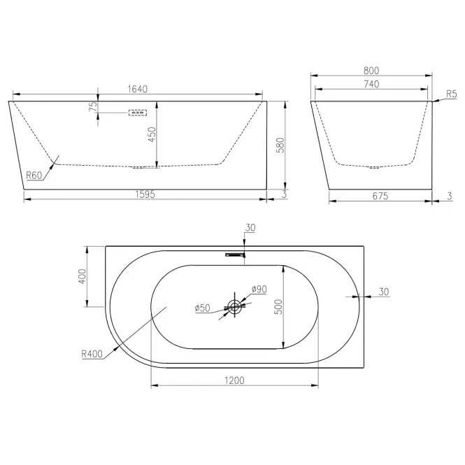 Szabadon álló kád Nox 170x80x58 jobbos