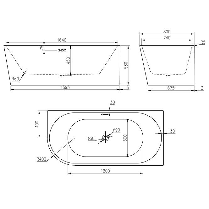 Szabadon álló kád Nox 170x80x58 jobbos,2