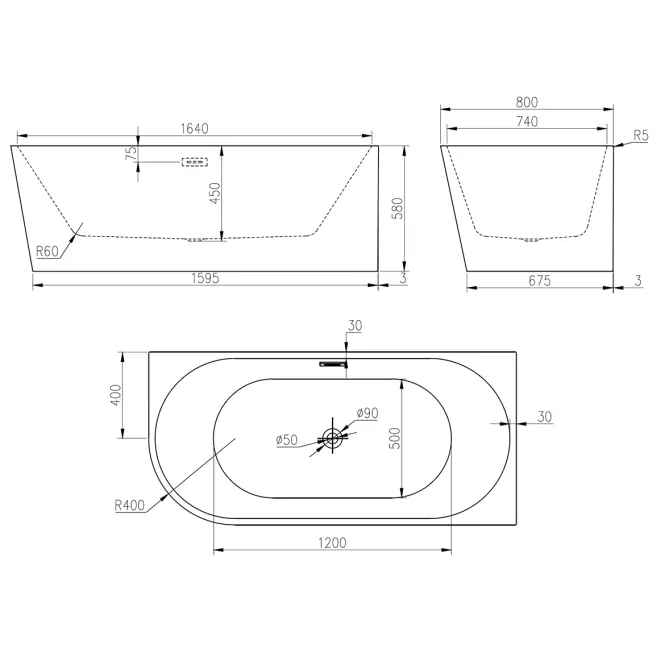 Szabadon álló kád Nox Black 170x80x58 jobbos