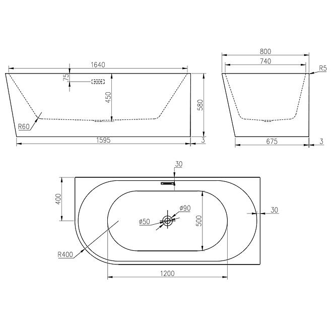 Szabadon álló kád Nox Black 170x80x58 jobbos,2