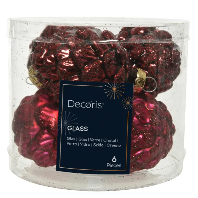 Karácsonyi díszek üveg tobozok 6 db piros Ø5 cm h7 cm 9010003