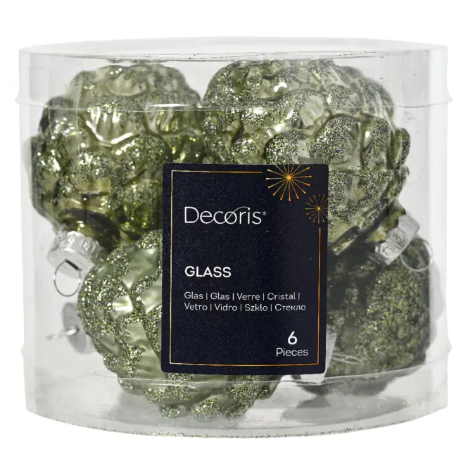 Karácsonyi díszek üveg tobozok 6 db zöld Ø5 cm h7 cm 9011113