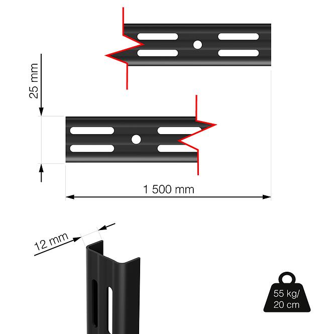 Két soros léce 25x12 mm hossz 1500 mm  fekete matt