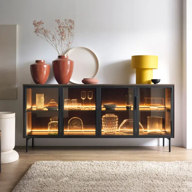 Komód Lumi B 181 4d + Led Tölgy Dunin + Fekete