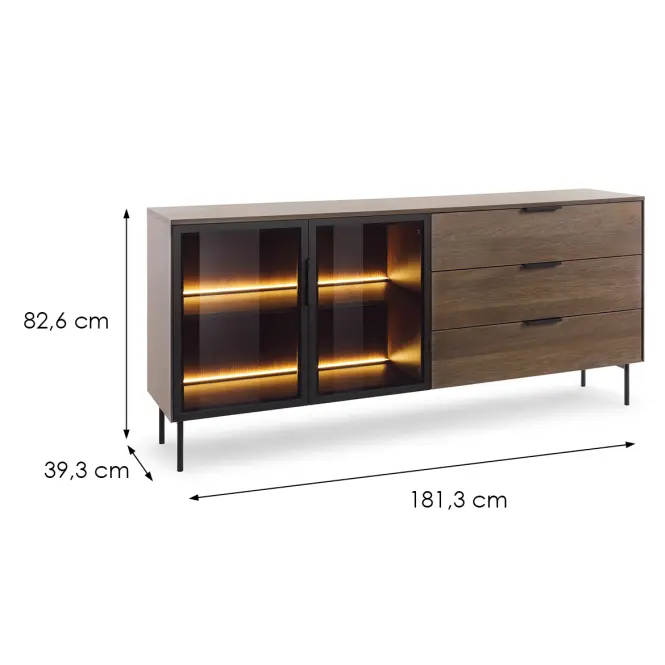Komód Lumi C 181 2d3s + Led Tölgy Dunin + Fekete