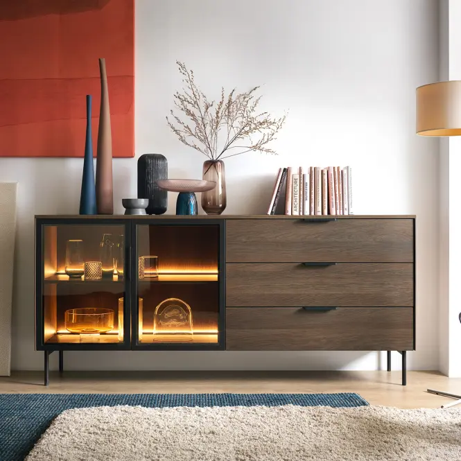 Komód Lumi C 181 2d3s + Led Tölgy Dunin + Fekete