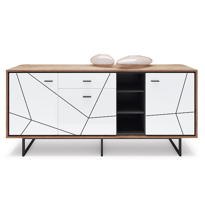 Komód Brolo BROK06 3D1S tölgy catania/fekete gyöngy/mdf fehér HG