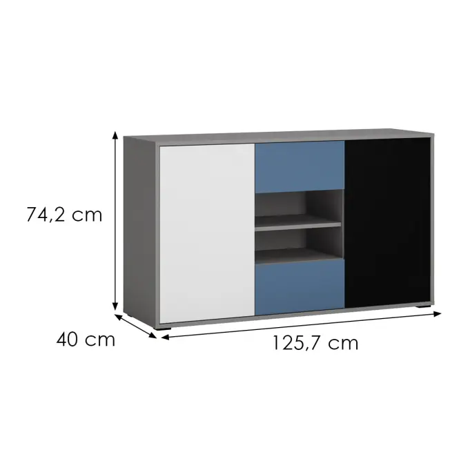 Komód Laser LASK02B 2D2S platina szürke/fekete gyöngy/alpesi fehér/kék,2