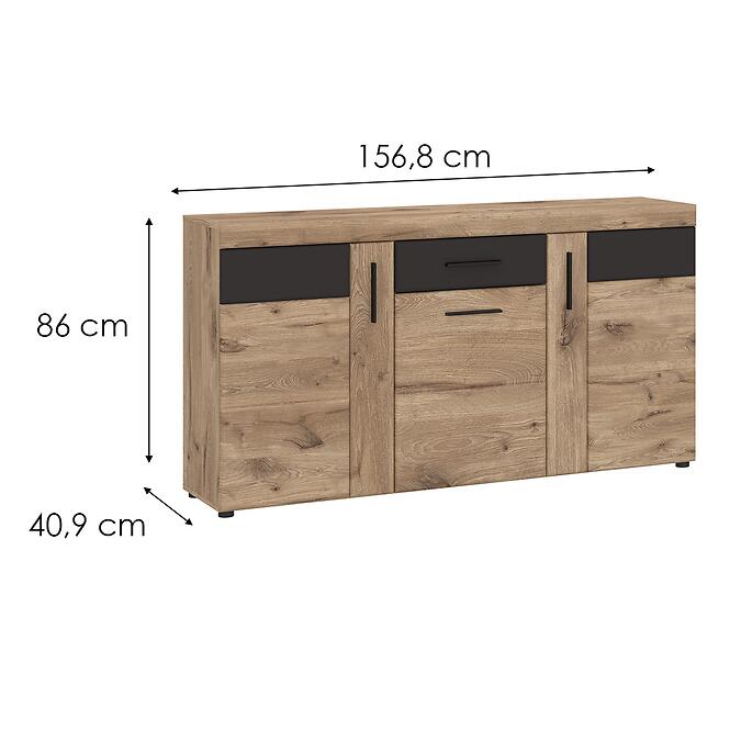 Komód Grano GRNK01 3D1S tölgy viking/pvc tölgy viking/pvc szürke terület,2