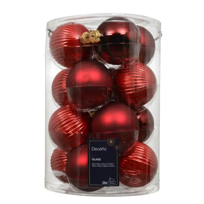 16 darabos üveggömb készlet 8cm – mix piros 9146580