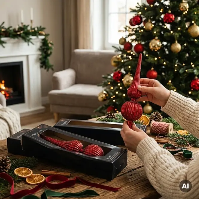 Üveg csúcsdísz karácsonyfára 31cm – mix piros 9170224,16