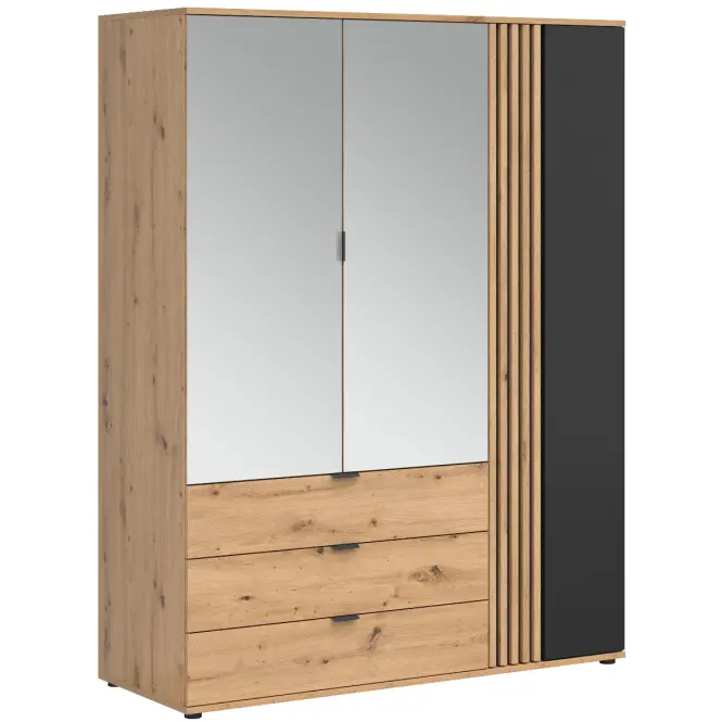 Szekrény Vabres 150,5 Cm Tükörrel – Artisan/Fekete, Lécek, Háromajtós, Fiókok