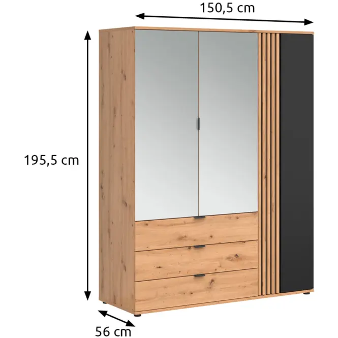Szekrény Vabres 150,5 Cm Tükörrel – Artisan/Fekete, Lécek, Háromajtós, Fiókok,2