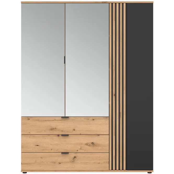 Szekrény Vabres 150,5 Cm Tükörrel – Artisan/Fekete, Lécek, Háromajtós, Fiókok,3