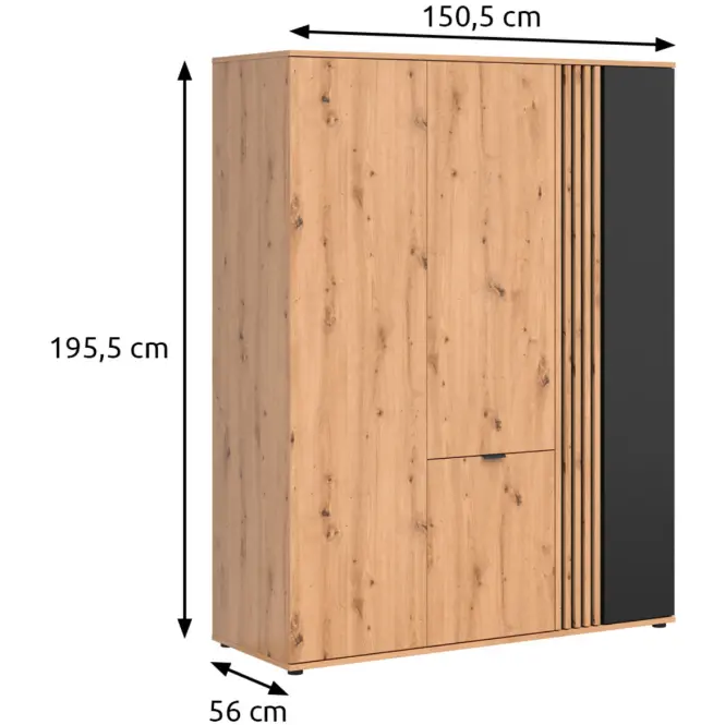 Szekrény Vabres 150,5 Cm - Artisan/Fekete, Lécek, Négyajtós,2