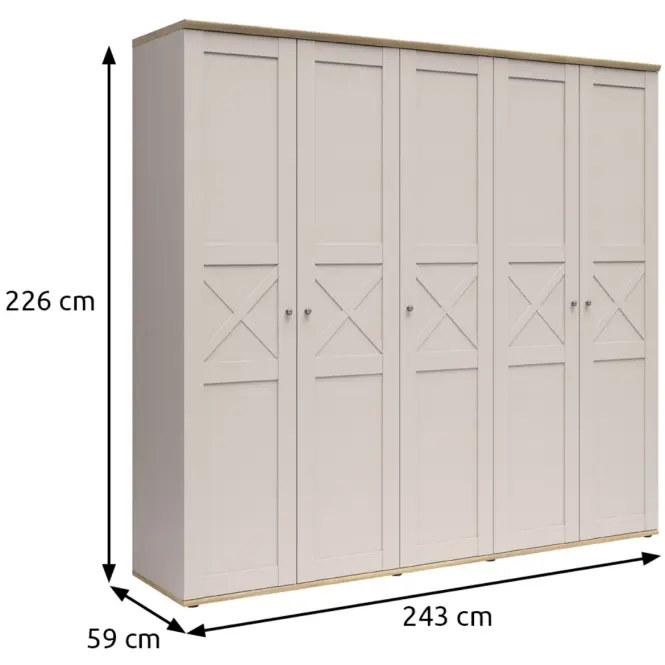 Szekrény Stockholm 243 Cm – Kasmír/Tölgy Mavella,  Ötajtós
