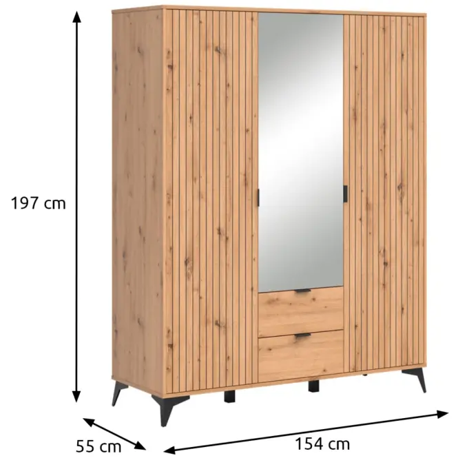 Szekrény Lamea 154 Cm Tükörrel – Artisan, Lécek, Háromajtós, Fiókok,2