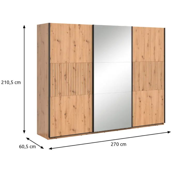 Szekrény Lamea 270 Cm Tükörrel – Artisan, Lécek, Háromajtós,2