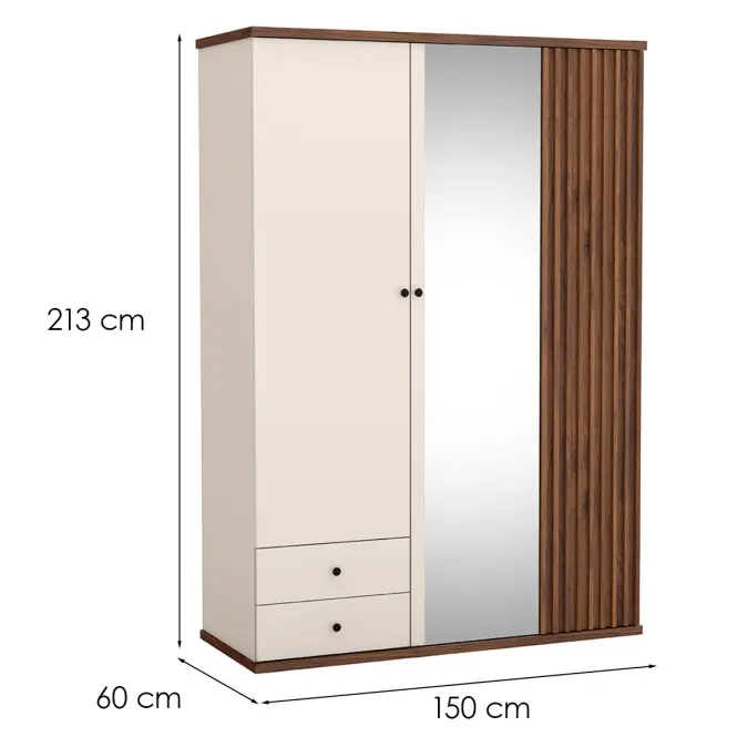 Szekrény Cali C23 150cm Tükörrel – Kasmír/Dió, Lamellák, Háromajtós, Fiókok