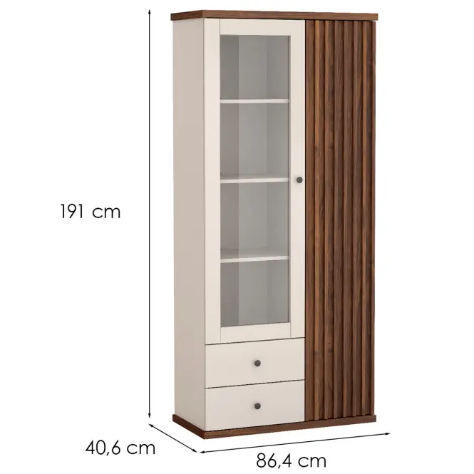 Vitrin C-2 86,4cm – Kasmír/Dió, Lamellák, Kétajtós, Fiókok,2