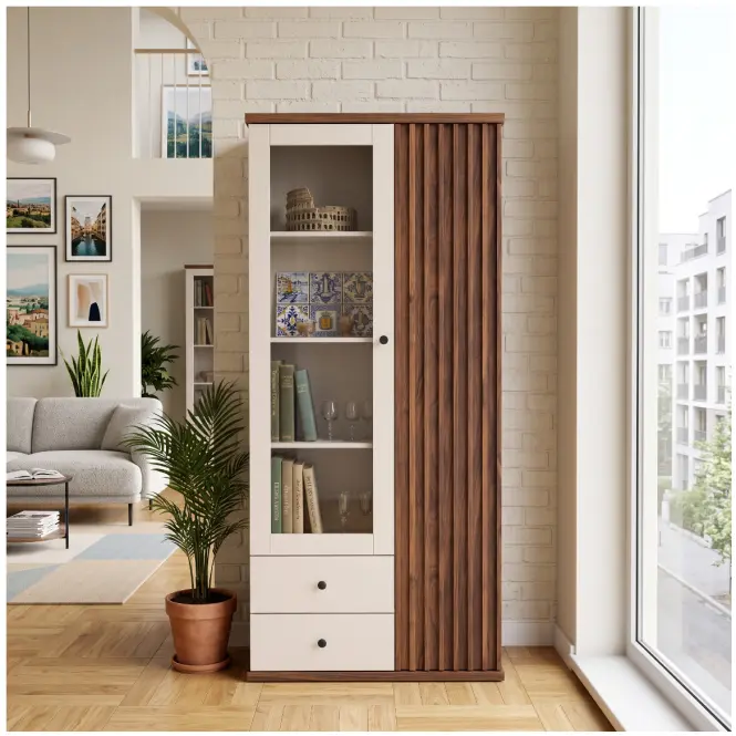 Vitrin C-2 86,4cm – Kasmír/Dió, Lamellák, Kétajtós, Fiókok