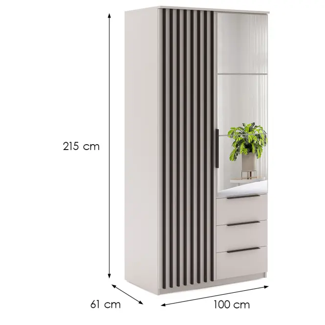 Szekrény Torino 100cm Tükörrel – Kasmír/Fekete, Lamele, Kétajtós, Fiókok,2