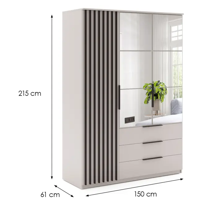 Szekrény Torino 150cm Tükörrel – Kasmír/Fekete, Lamele, Háromajtós, Fiókok,2
