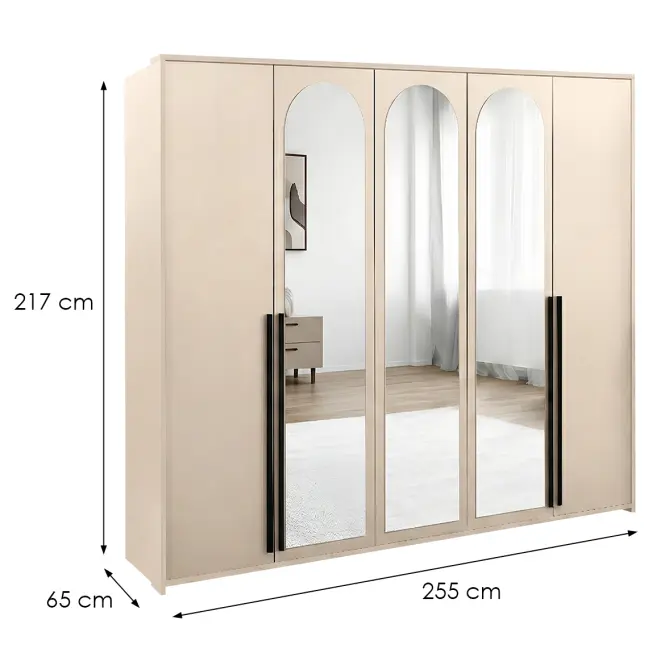 Szekrény Luca 255cm Tükörrel - Homokbézs, Ötajtós,2