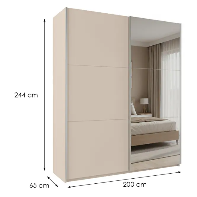 Szekrény Rodos 200cm  Tükörrel - Homokbézs, Kétajtós,2