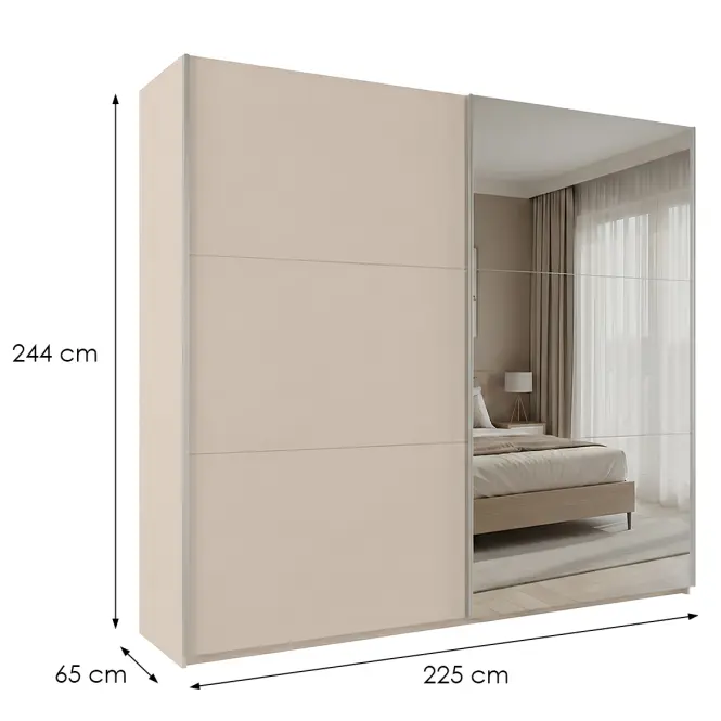 Szekrény Rodos 225cm Tükörrel - Homokbézs, Kétajtós,2