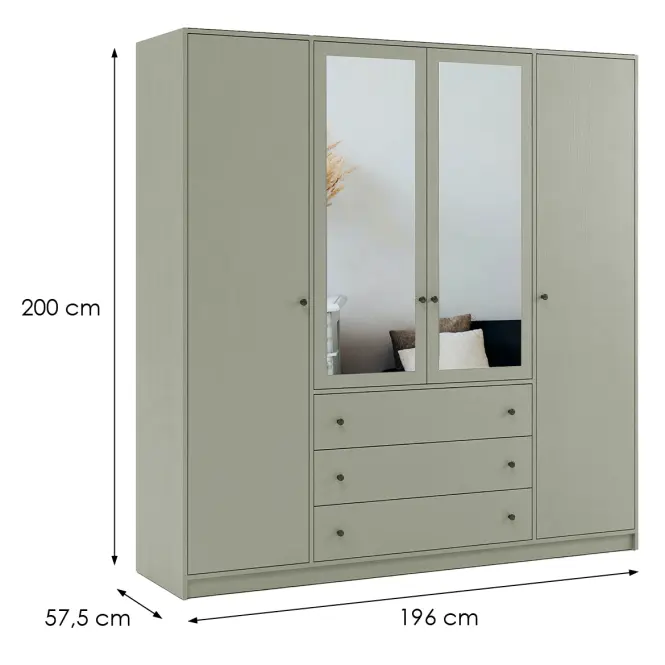 Szekrény Siena D4 Lux 196cm Tükörrel – Eucalyptus, Négyajtós, Fiókok,2