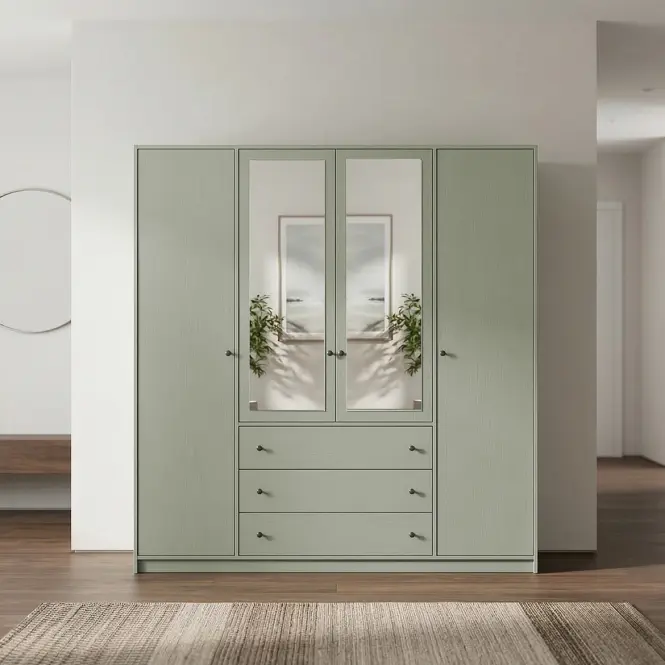 Szekrény Siena D4 Lux 196cm Tükörrel – Eucalyptus, Négyajtós, Fiókok,4