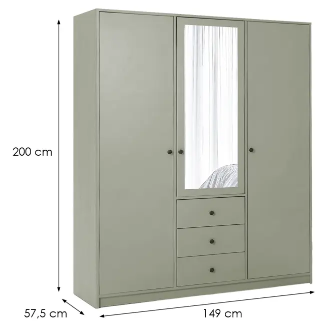Szekrény Siena D3 Lux 149cm Tükörrel – Eucalyptus, Háromajtós, Fiókok