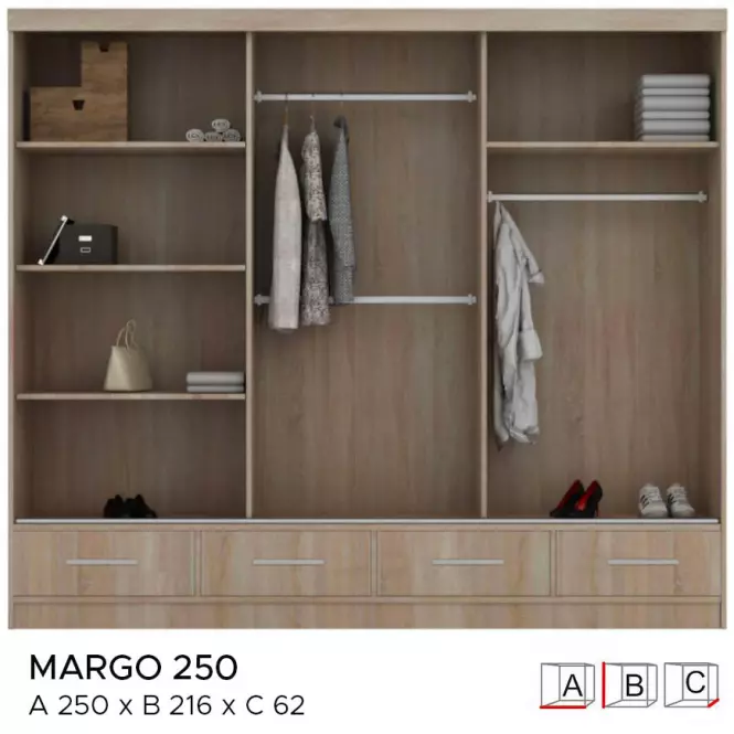Szekrény Margo 250 cm tölgy fehér,3