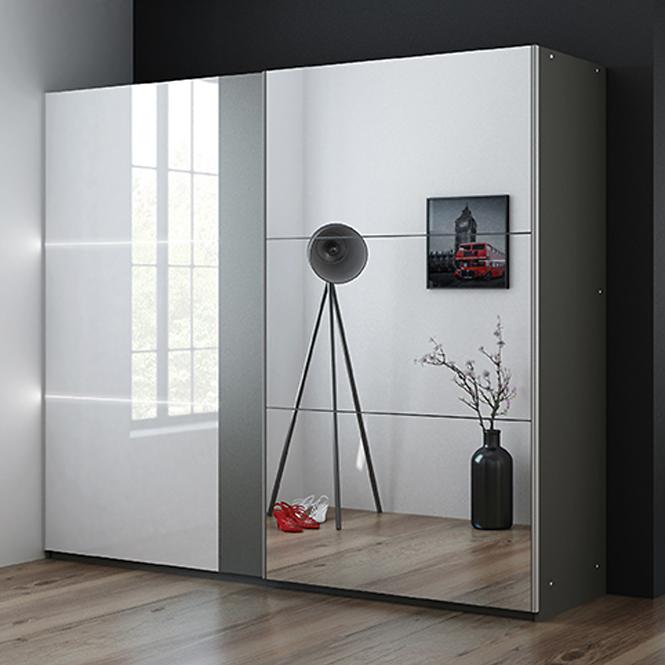 Szekrény Tunis 200 cm grafit/fehér/tükör LED