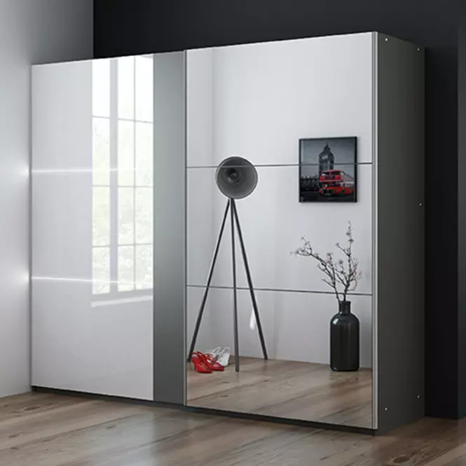 Szekrény Tunis 200 cm grafit/fehér/tükör LED,4