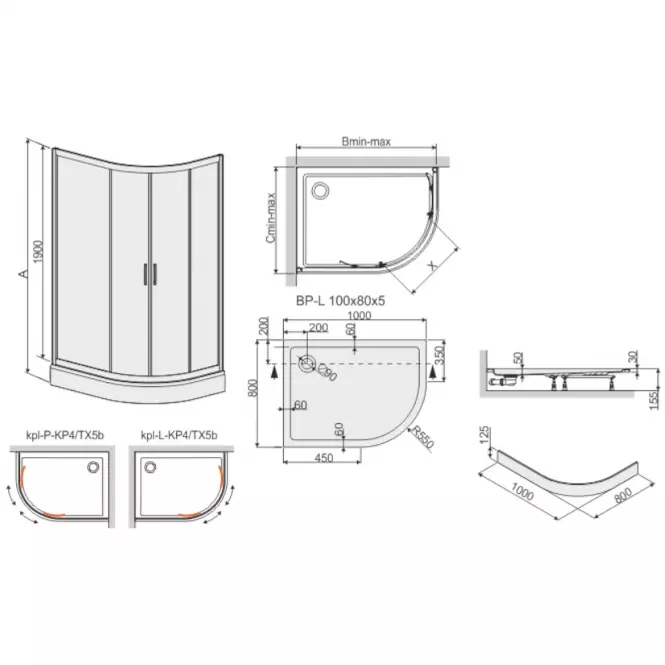 Zuhanykabin KP4/TX5B 80/100 W0 SB+BP+OBP 2EL GLASS
