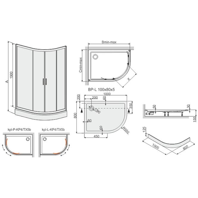 Zuhanykabin KP4/TX5B 80/100 W0 SB+BP+OBP 2EL GLASS