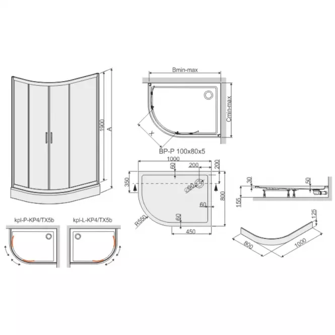 Zuhanykabin KP4/TX5B 80/100 W0 SB+BP+OBP 2EL GLASS