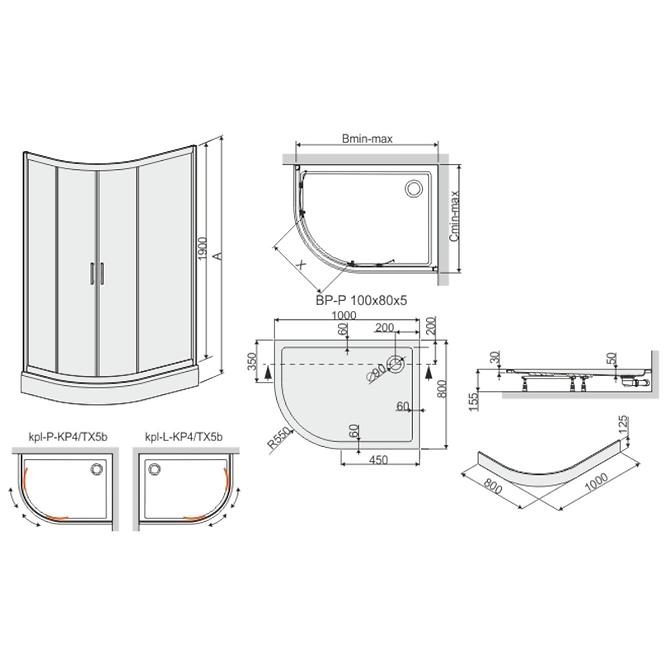 Zuhanykabin KP4/TX5B 80/100 W0 SB+BP+OBP 2EL GLASS