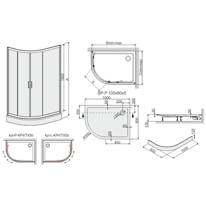 Zuhanykabin KP4/TX5B 80/100 W0 SB+BP+OBP 2EL GLASS