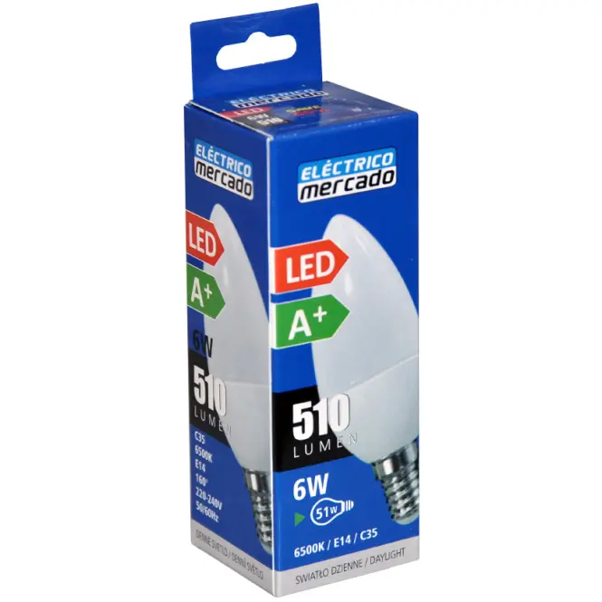 Izzó LED EM 6W C35 E14 6500K,3