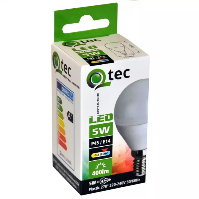 Izzó LED QTEC P45 5W E14 4200K,3